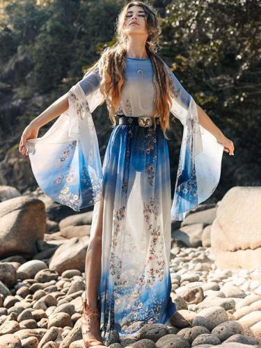 Gradient Flared Sleeves Maxi Dress