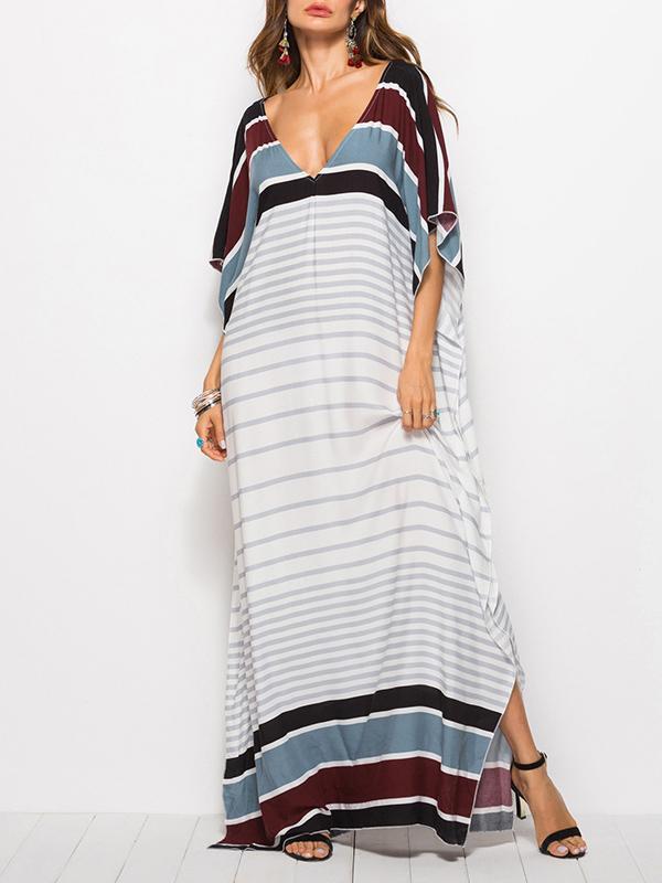Loose V-neck Striped Maxi Dresses