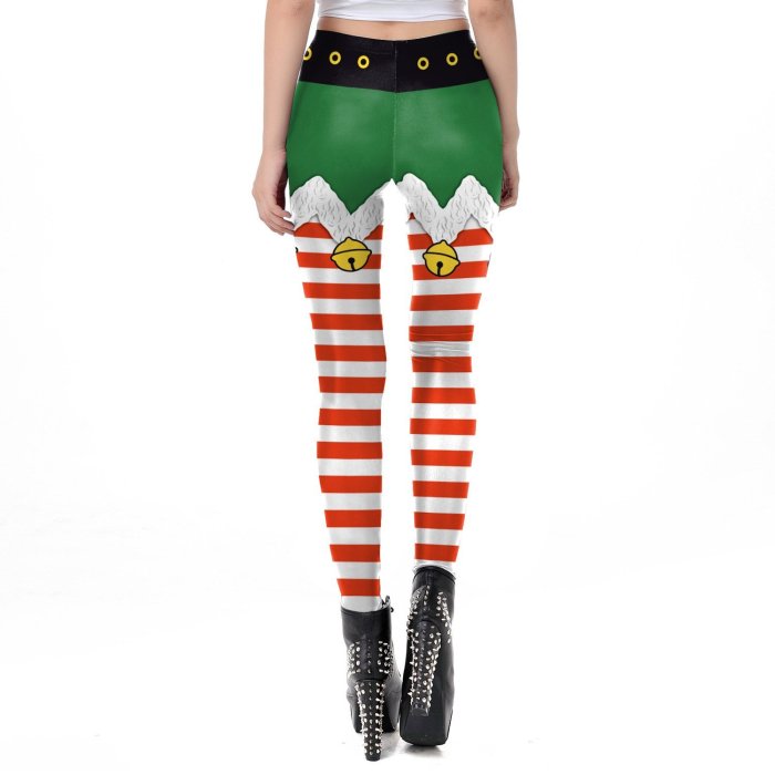 Stripe Belt Print Women Mid Waist Christmas Skinny Leggings