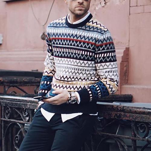 Men's Commuting Printed Color Round Neck Loose Sweater