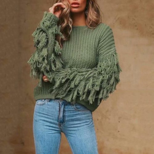 Fashion Round Neck  Tassel  Plain Knitwear Sweater