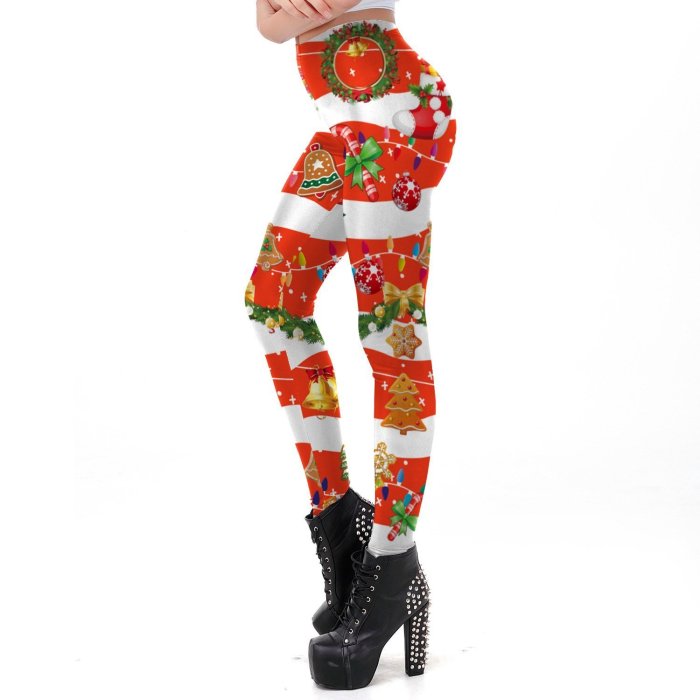Christmas Party Print Women Mid Waist Skinny Leggings