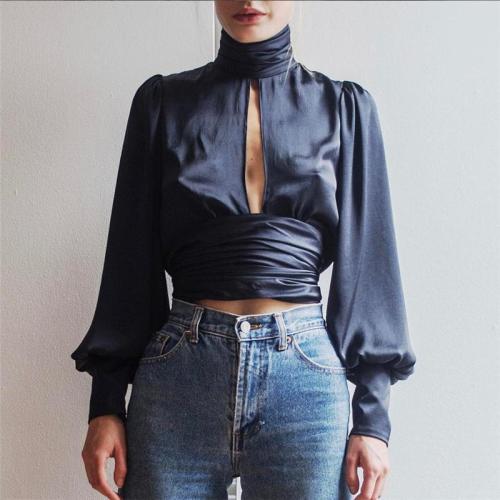 High Neck Cut Out Long Lantern Sleeves Backless Short Blouse