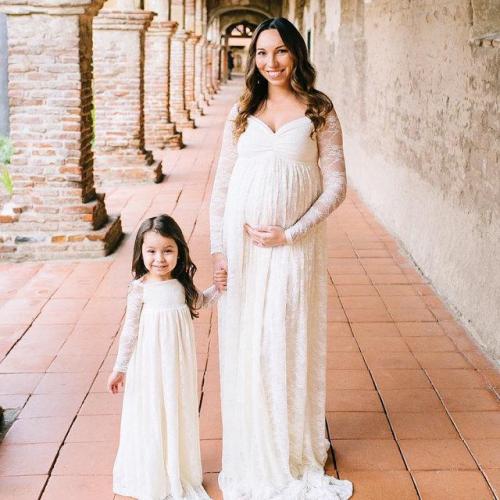 Women's Lace Maternity Dress With Long Tail And Long Sleeves