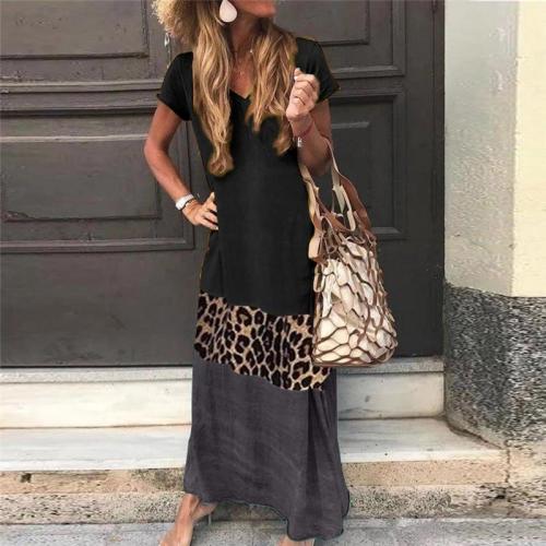 V Neck Short Sleeve Ankle-Length Leopard Print Color Matching Dress