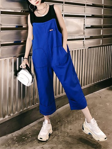 Fashion Pure Colour Splicing Patch Pocket Sleeveless Loose Jumpsuit