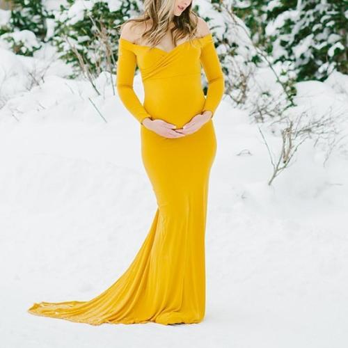 Maternity Yellow V-Neck Long Sleeve Elegant Gown