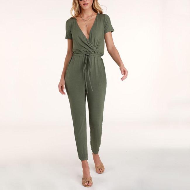 Casual V Neck Short Sleeve Belted Elastic Pure Colour Jumpsuit