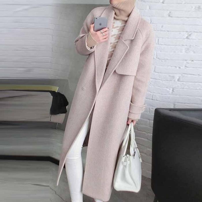 Fashion Pure Colour Long Sleeve Woollen Coat