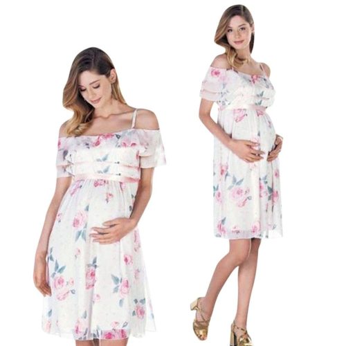 Summer New Fashion Womens Mother Floral Falbala Pregnant Off Shoulder Dress For Maternity Daily Clothes