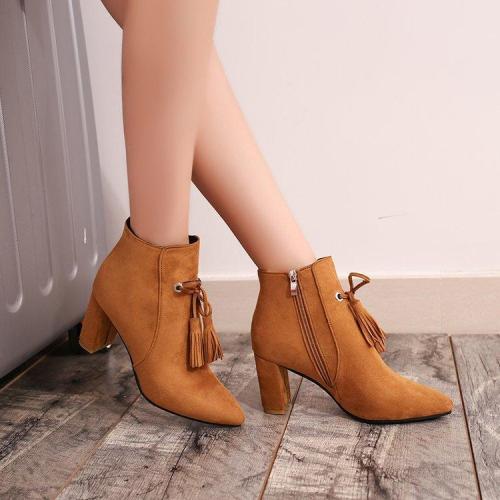Tassels Side Zipper Pure Color Round Toe Chunky Heels Short Boots