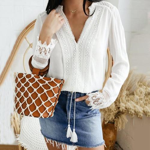 Women's Casual Long Sleeve Lace V-Neck Pure Color Blouse