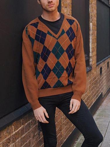 Men's Commuting V-Neck Printed Color Long Sleeve Sweater