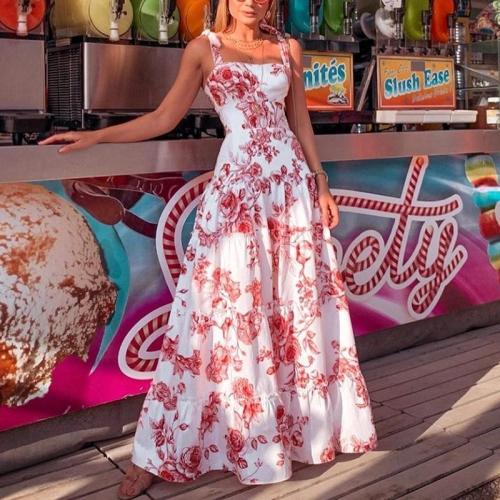 Vacation Floral Print Splicing Spaghetti Strap Maxi Dress