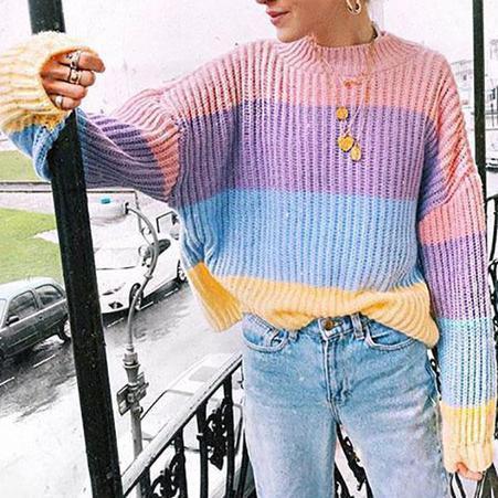 Contrast Color Fashion Loose Colorful Knit Sweater