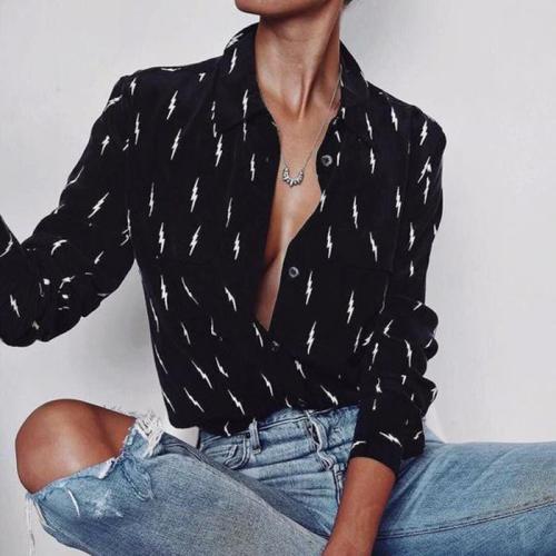 Lapel Collar Sexy Blouses Black And White Printed Tops