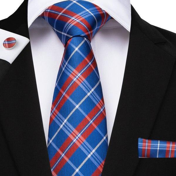 EBUYTIDE 150cm Length 28 Styles Plaid Ties Yellow Pink Red Blue Hanky Cufflinks Set Men's Silk Tie 8cm Tie Wedding Groom Crava