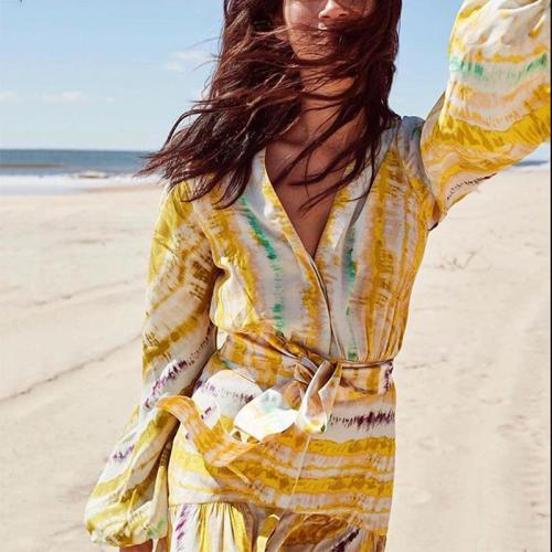 Beach Printed Color Long Sleeve Elastic Dress