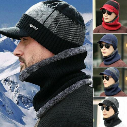 Men Unisex Sports Winter Warm Hat Knit Visor Beanie Fleece Lined Billed Beanie with Brim Cap