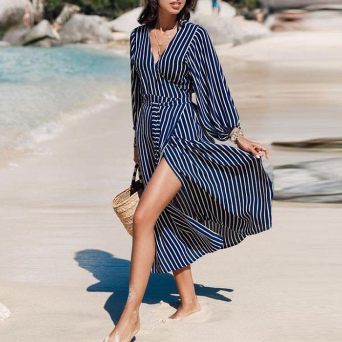 Sexy V Collar Stripe Long Sleeve Beach Vacation Dress