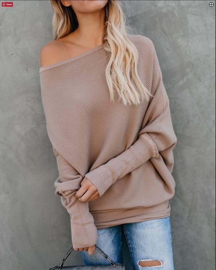 Sexy Pure Colour   Sloping Shoulder Bat Sleeve Sweater