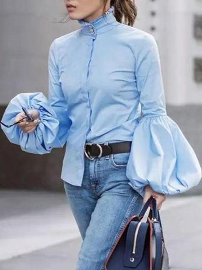 Elegant Fashion Slim High Collar Long Sleeve Puff Cuff Button Blouse