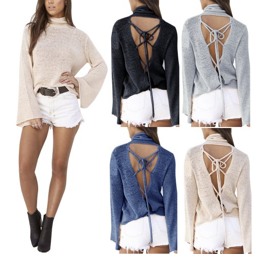 Sexy Back Lace Up Batwing High Neck Sweater