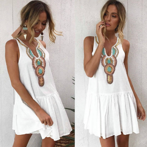 V Neck  Single Breasted  Printed  Sleeveless Casual Dresses