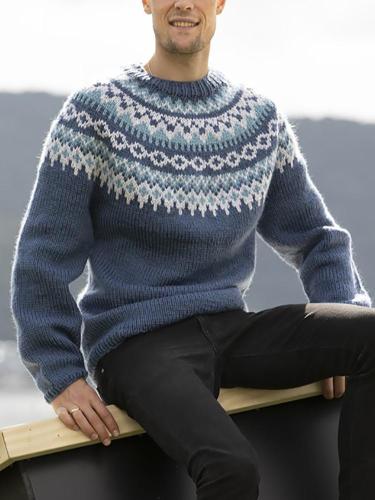 Blue-grey round neck pattern Icelandic striped sweater TT004