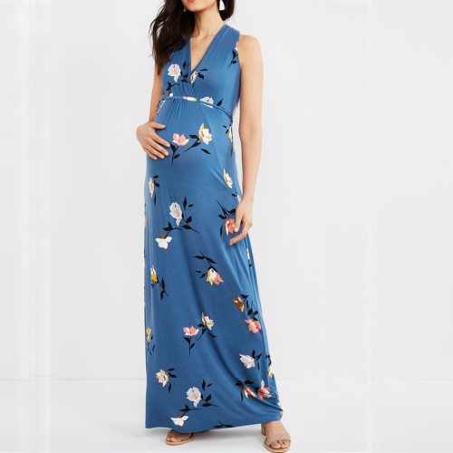 Maternity Sleeveless Summer Long Dress Cotton Blend Printing Flower Fashion belt V-neck Pregnant 2020 New Dresses
