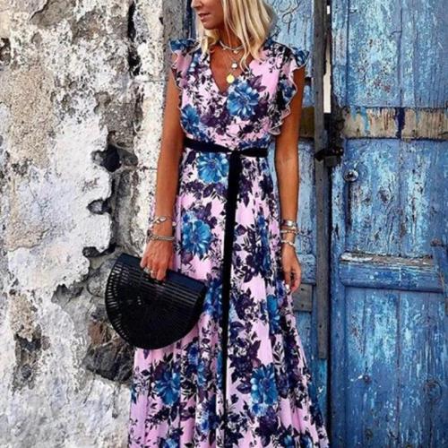 Elegant Sweet Floral Print V Neck Short Sleeves Long Maxi Dress