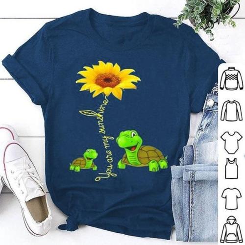 Sunflower Turtle Printed Funny Short Sleeve Round Neck Summer T-shirt Top