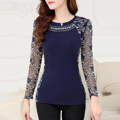 Round Neck  Beading  Hollow Out Lace Blouses