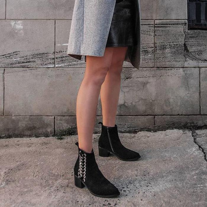 Women's Fashion Solid Color Suede Metal Decorative Ankle Boots