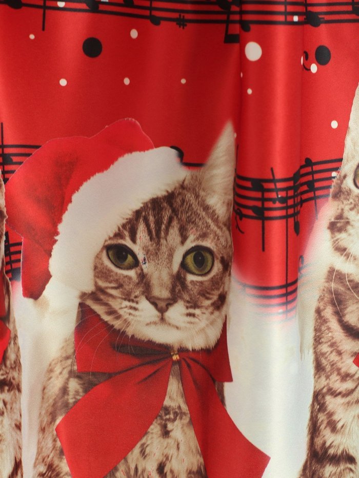 Red 1950s Christmas Cat Swing Dress