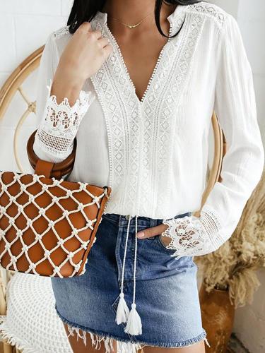 Women's Casual Long Sleeve Lace V-Neck Pure Color Blouse