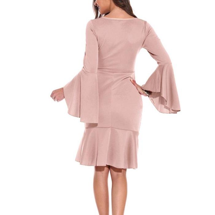 Elegant Flared Sleeve Solid Color Bodycon Dress