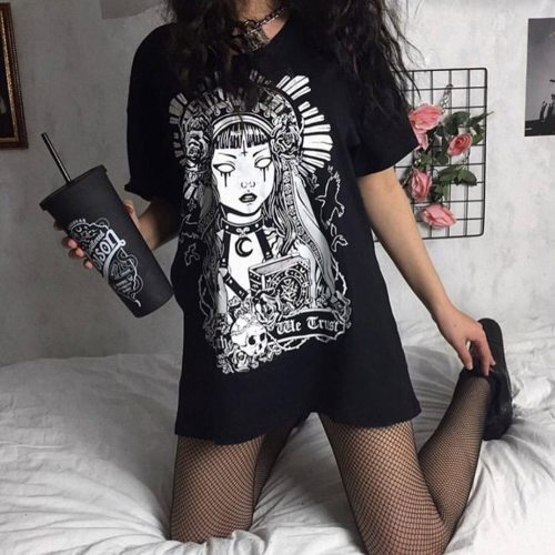 Plus Size Party Dresses Women Street Gothic Style Punk Black Retro Printed Short Sleeve Dress vestidos para mujer de fiesta