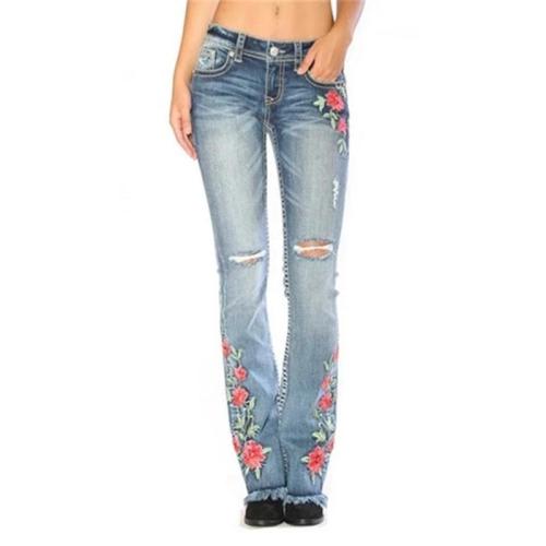 Personality lady Slim-fit flower ripped jeans