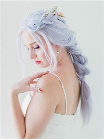 Pastel Light Silver Blue Lilac Long Synthetic Lace Front Wig