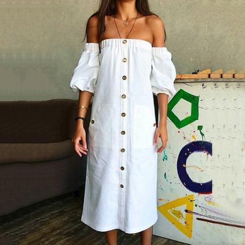 Commuting Boat Neck Bubble Sleeves Elastic Single-Breasted Dress
