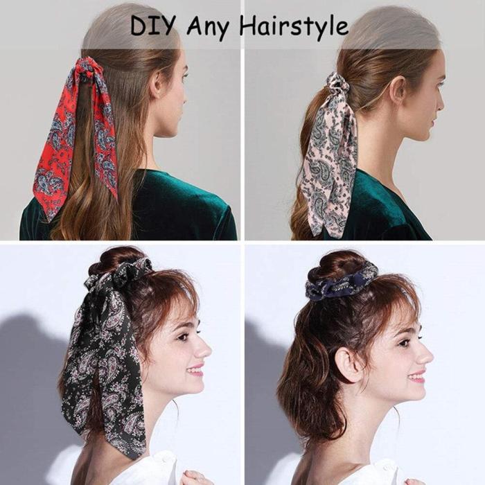 DIY Bow Streamers Elastic Hair Scrunchies Bohemian Floral Printed Knotted Ribbon Ponytail Scarf Hair Ties Women Girls Hair Rings
