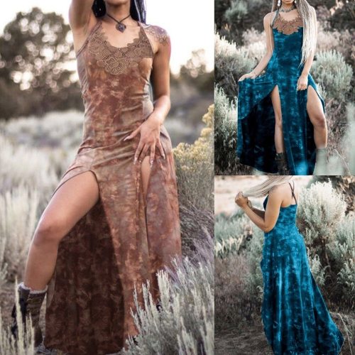 Women's Casual Vintage Punk Dyed Print Dress Strap Lace Long Hem Split Dress Kleider Damen Women Dress Summer #25