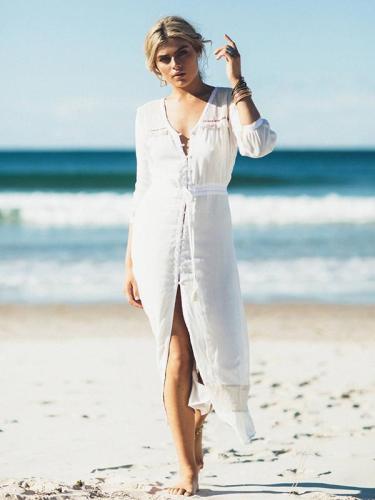 Solid Color 3/4 Sleeves Cover-up Swimwear