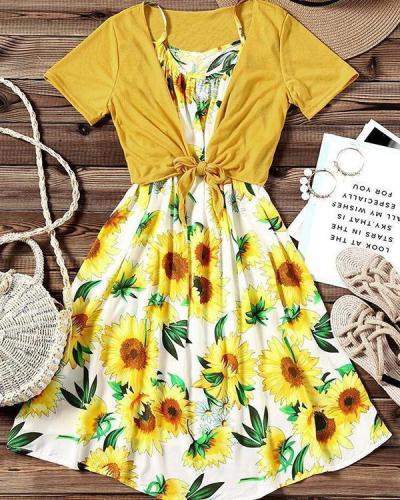 Sunflower Spaghetti Strap Casual Dress with Coat
