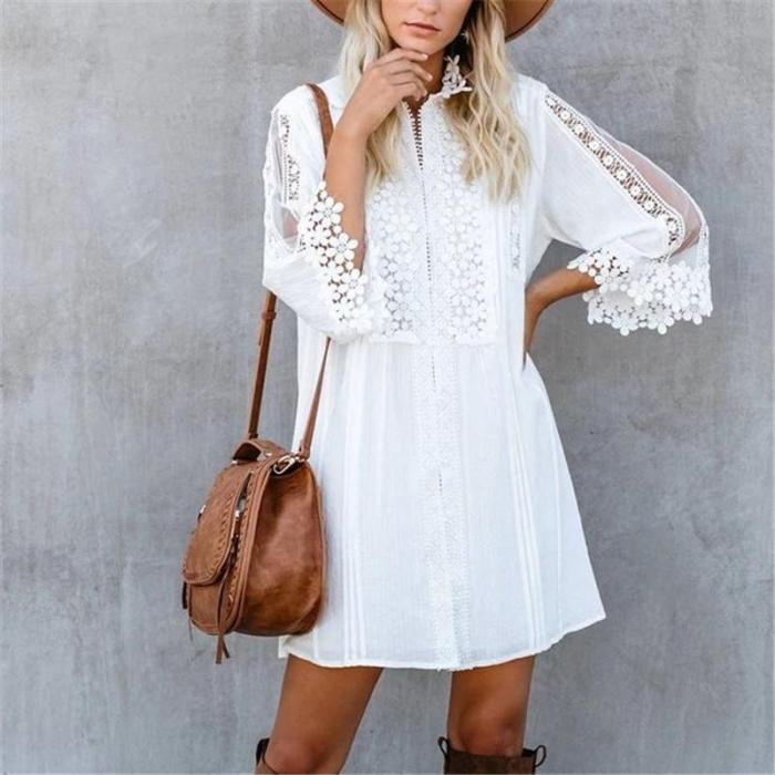 Women's Sweet Lace Tuff Sleeve White Dress