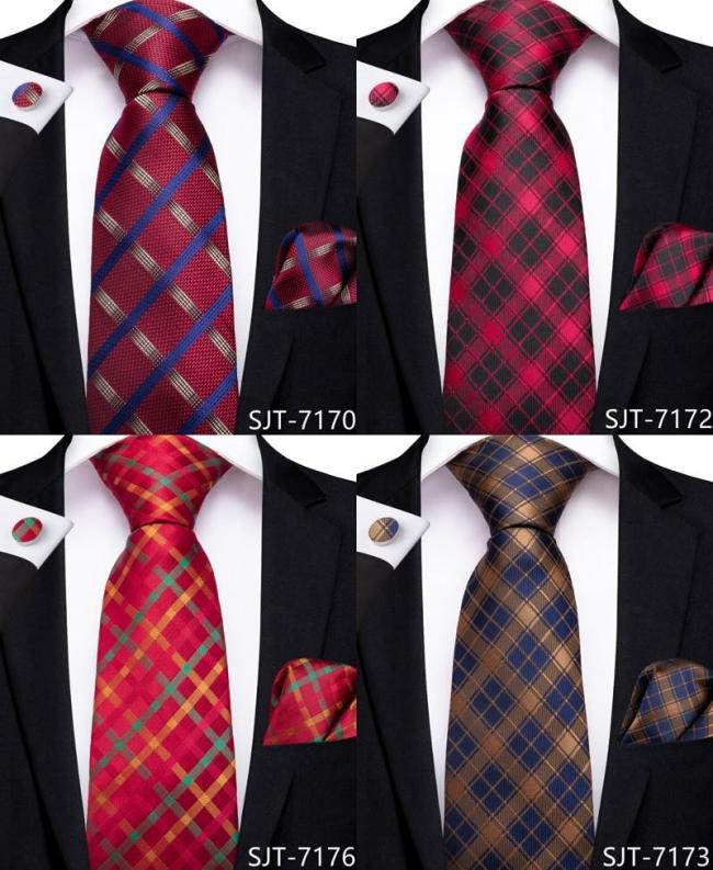 2020 EBUYTIDE Designer Tie for Men Red Brown Plaid Men's Tie Business Wedding Party Tie Set 100% Silk Necktie Hanky Cufflink Ties