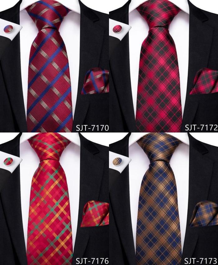 2020 EBUYTIDE Designer Tie for Men Red Brown Plaid Men's Tie Business Wedding Party Tie Set 100% Silk Necktie Hanky Cufflink Ties