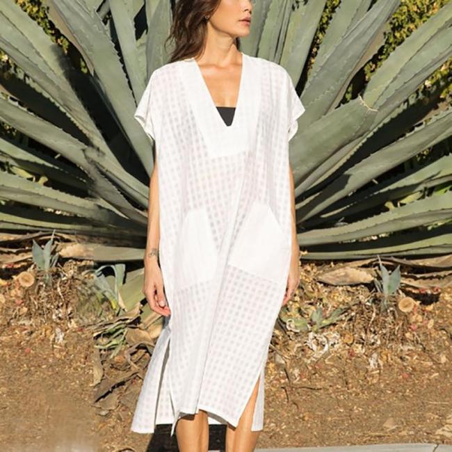 Casual V Neck See-Through Check See-Through Slit Beach Pullover