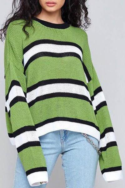 Green Stripes Round Collar Long Sleeve Sweater